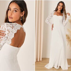 LULU's Sexy Elegant Bridal Wedding Floral Lace Long Sleeve Boho Flowy Gown